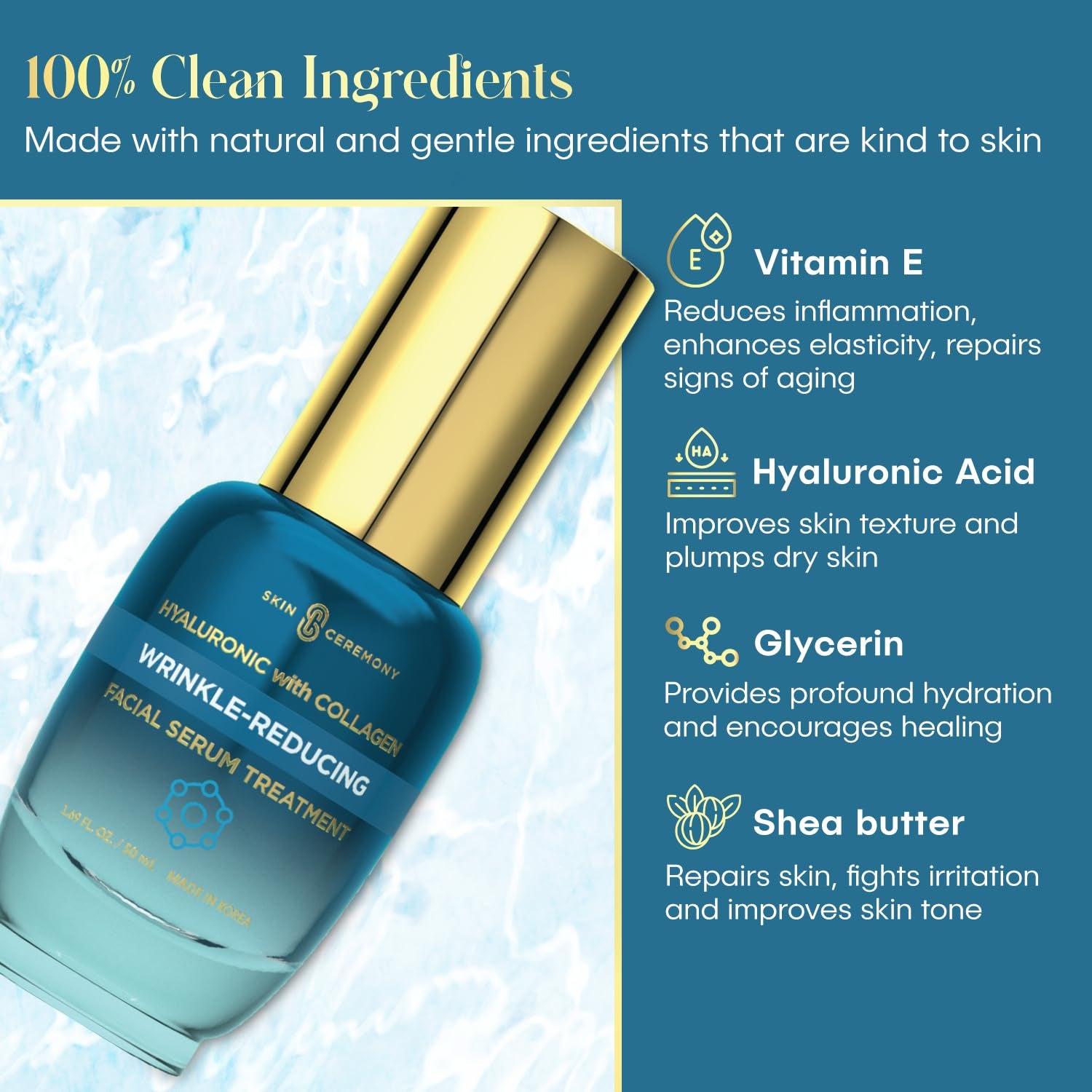 Hyaluronic & Collagen Wrinkle Reducing Facial Serum - Promotes Deep Hydration & Water Retention - Plumps, Smooths & Rejuvenates Compexion - Skin Care Made in Korea - 1.69 FL.OZ.