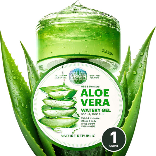 MILD & MOISTURE ALOE VERA WATERY GEL (1 PCS) Quick Hydration & Moisturizing,Fast Absorbing Non-Sticky Texture,Korean Skin Care for Face,Hair,Sunburn Relief, Aftershave, All Skin Types